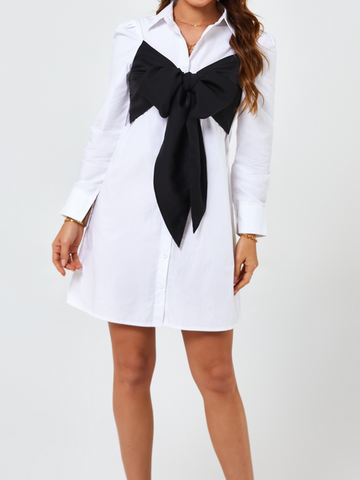 Jess Marie Style - Women's Dress Two Tone Bowknot Front Puff Sleeve Shirt Dress